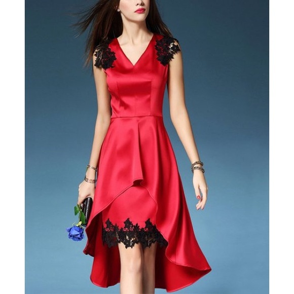 NWT red & black Hi-Low Fit/Flare Dress, Sz. M/L - Picture 3 of 4